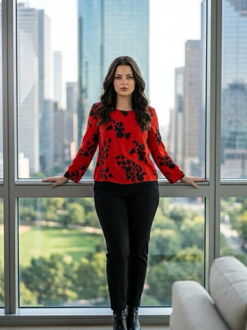 Vince Camuto Blouse - Red and Black Floral Design – Long Wide Sleeves – Size XS